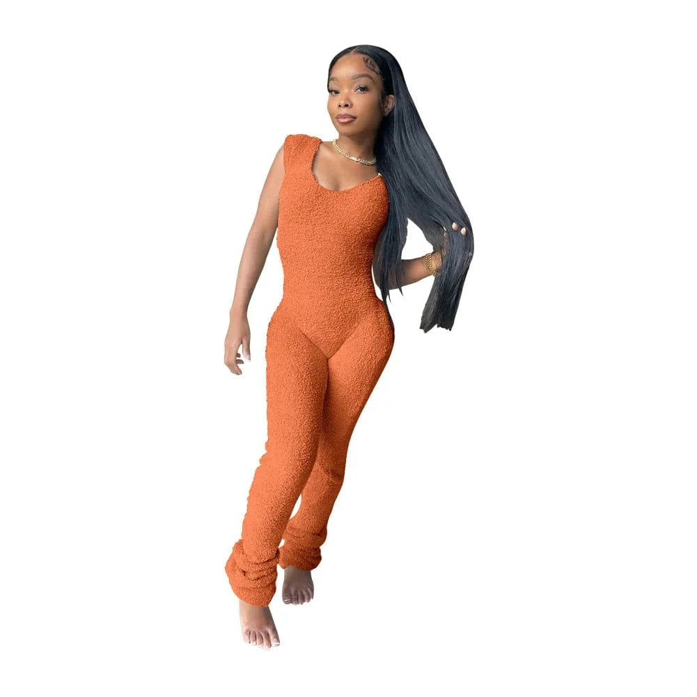 L / Orange Spring Stretch One Piece Jumpsuit For Women 2023 Solid Sleeveless Jumpsuits Casual Pile of Pants Rompers Womens