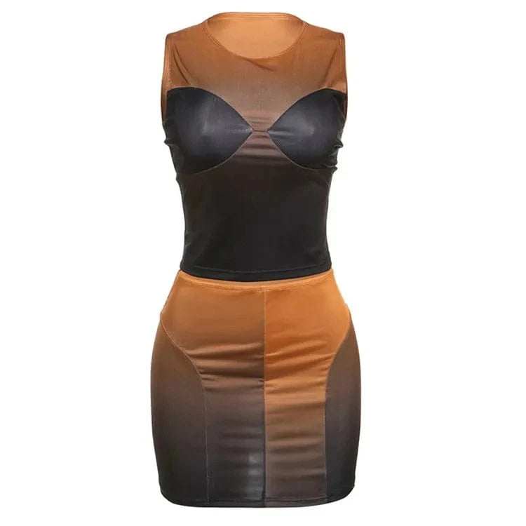 L / Orange Summer 2 Piece Skirt Sets Streetwear Women 2024 Gradient Print O Neck Bodycon Tank Top And Mini Matching Skirt