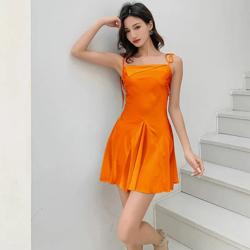 L / Orange Women Satin Spaghetti Strap Layered Ruffle dress Backless Mini Cami sexy slip sexy nighty design night dresses for woman sexy