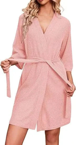 L / Pink 100% Cotton Wholesale Waffle Bathrobe Highly Breathable Waffle Robe in Bags and Rolls for Men Women