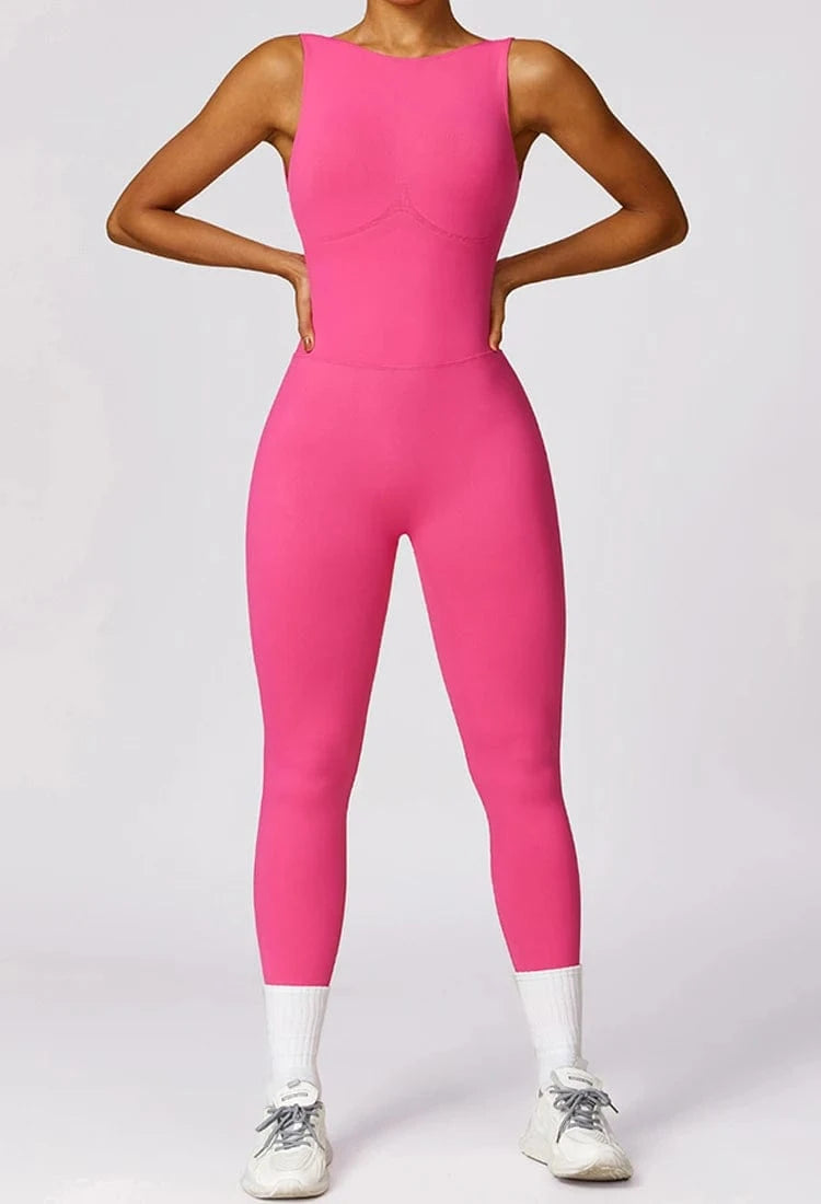 L / Pink 2024 High Quality Wholesale Ladies Scrunch butt Backless Sleeveless One Piece Jumpsuits Workout Jumpsuit For Women