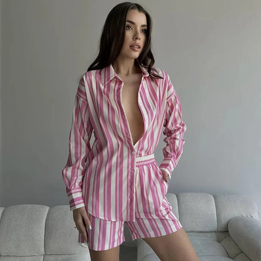 L / Pink 2024 Ice Silk Cool Stripe Long sleeved Shorts Two Piece Set Thin Summer European and American Women's Home Fury Outwear