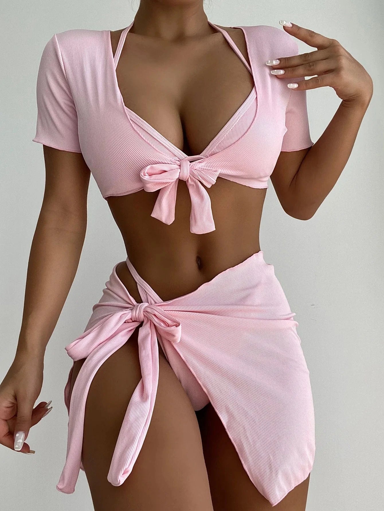 L / Pink 2024 new solid color bikini four-piece swimsuit casual suit lace-up blouse/swimming trunks/bikini
