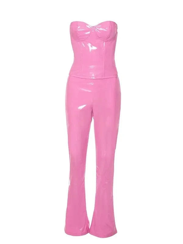 L / Pink 2024 New Spring Glossy Color Pu Leather Tight Suit Tube Top And Flare Pants Sexy Strapless Corset 2 Piece Set