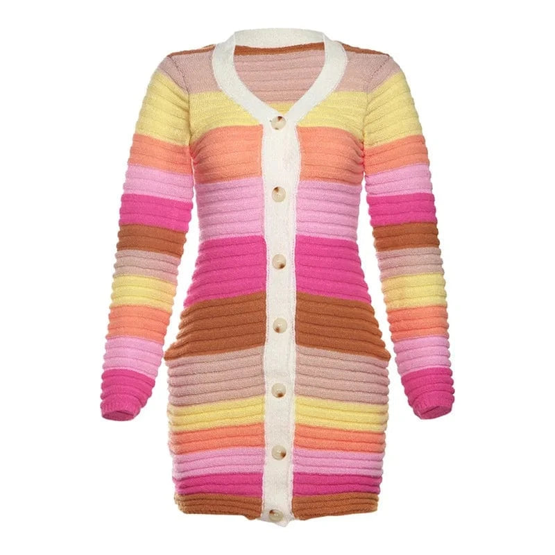 L / Pink 2024 New Spring Multi Color Striped Knitted Dress Long Sleeve Short Dress Stretch V Neck Button Casual Dress