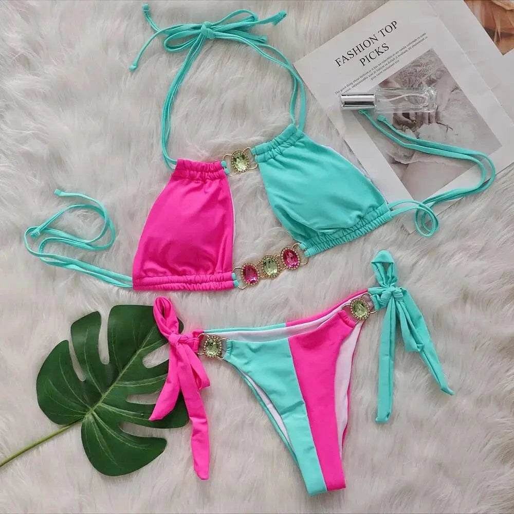 L / Pink&blue New arrivals 2024 summer diamond two piece swimwear beachwear beachwear woman bikini