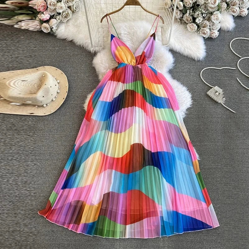 L / Pink Colorful Printing Spaghetti Strap Long Pleated Dress Women Backless Romance Summer Chiffon Beach Boho Maxi Dresses for Ladies
