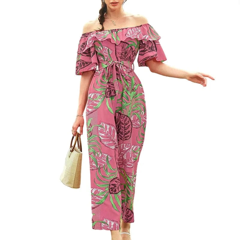 L / Pink DAMOCHIC Casual Ladies Jumpsuit Strapless Elegant Long Print Jumpsuit Beach Summer Chiffon Ruffle Floral Women Jumpsuit 2023