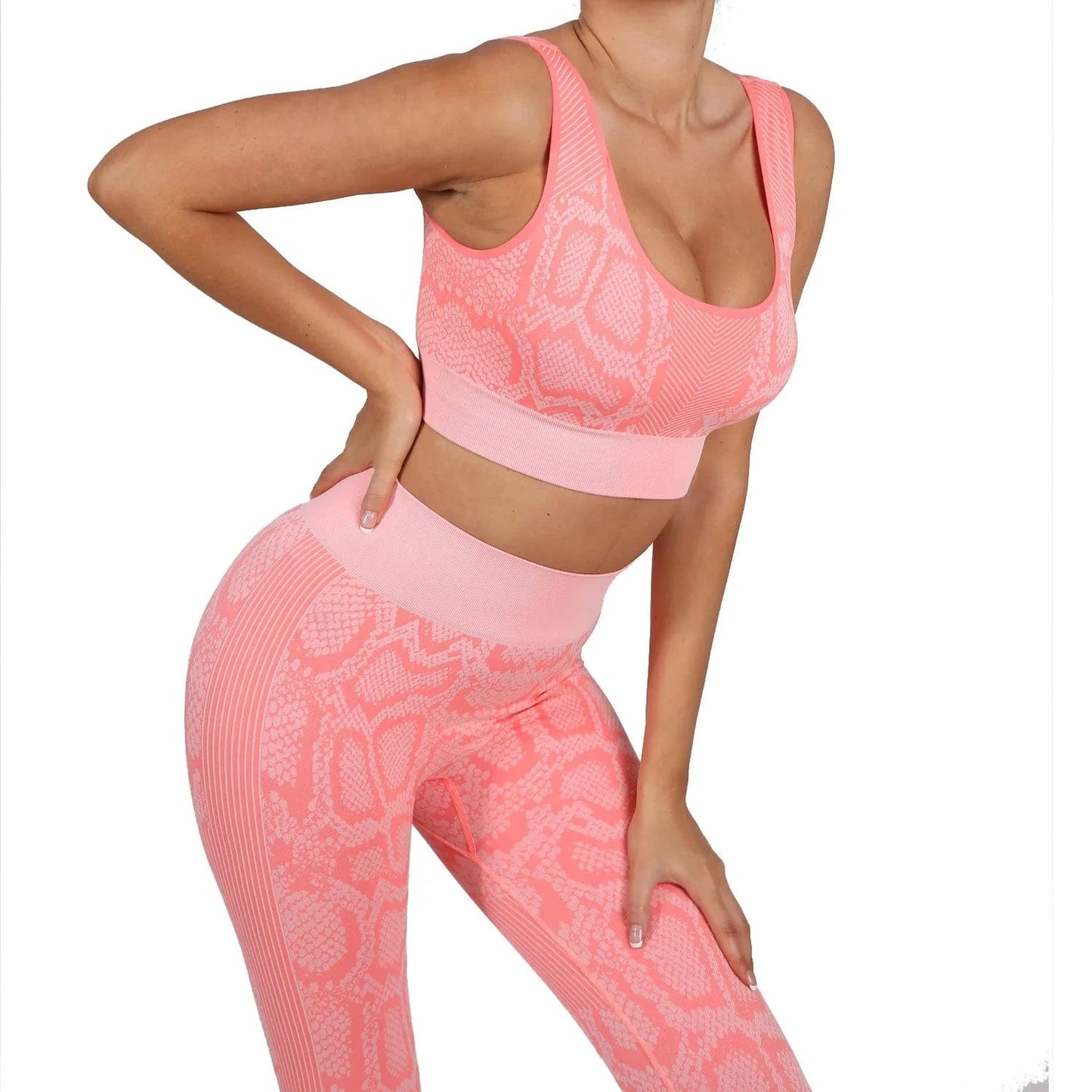 L / Pink European and American snake print yoga suit sports vest high waist trousers seamless yoga suit track and field jogging suit