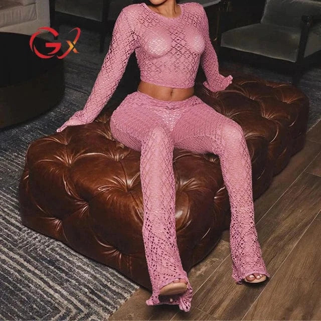 L / Pink GX0939 Spring 2024 Women Clothing Vendor Lady Sexy Night Club Wear Hollow See Through Cropped Top and Flare Pant 2 Piece Set