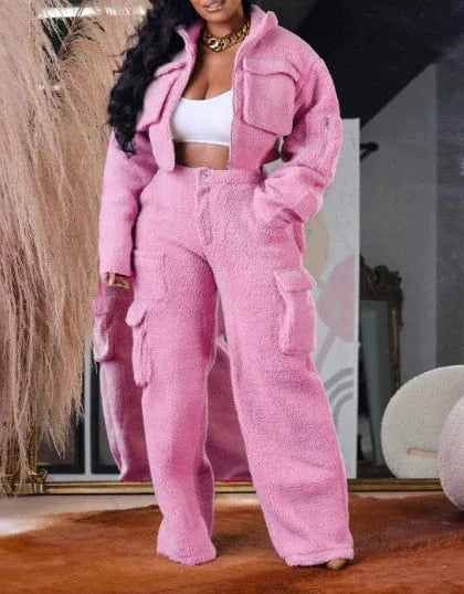 L / Pink GX8701 Fashion Winter Warm Woolen Fleece Pocket Long Sleeve Jacket and Pant 2 Piece Set Women