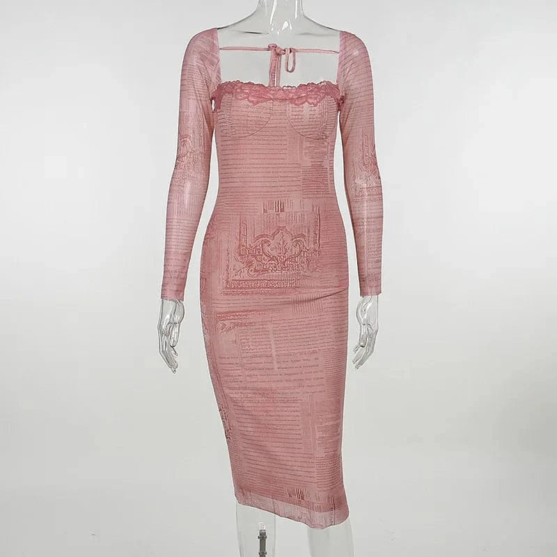 L / Pink JY23603 New Manufacture Lace Long Sleeves Vacation Party Print Bodycon Square Neck Knit 2024 Dress