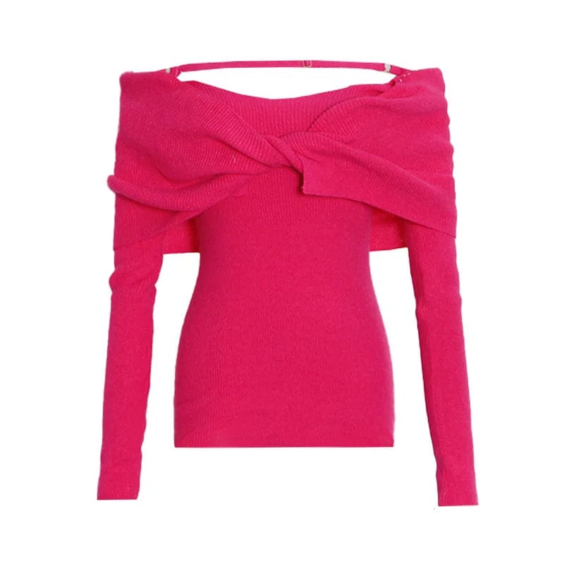L / Pink OUDINA 2024 New Elegant Knitted Top Twist Slimming Solid Color Long-sleeved One Shoulder Tops For Women
