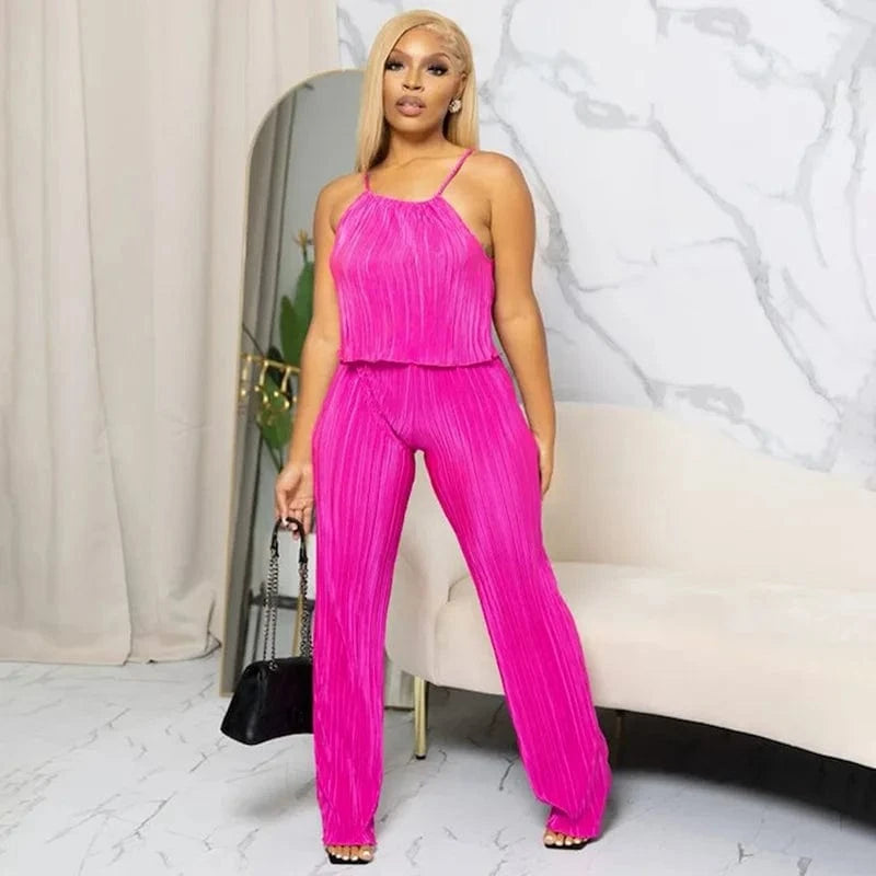 L / Pink Pleated Set 2 Piece Woman Outfits Summer Solid Color Boho Flared Pants Set Women Two Piece Set Crop Top and Pants Pleated