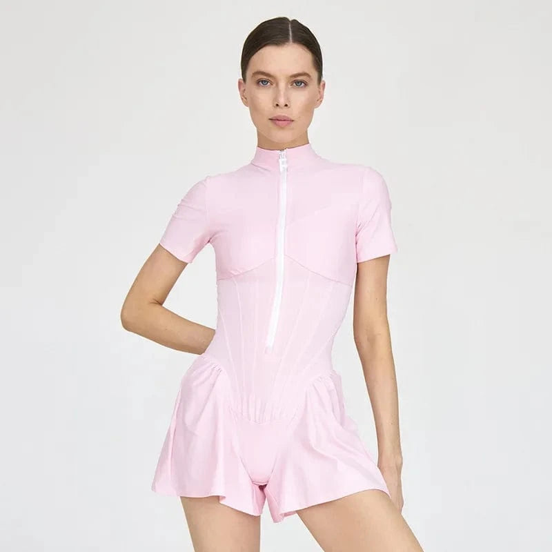 L / Pink Sexy Bodycon Playsuit Women Jumpsuit O Neck Short Sleeve Zipper Bodysuit Female Elegant Slim Playsuits Rompers Sport Clothes