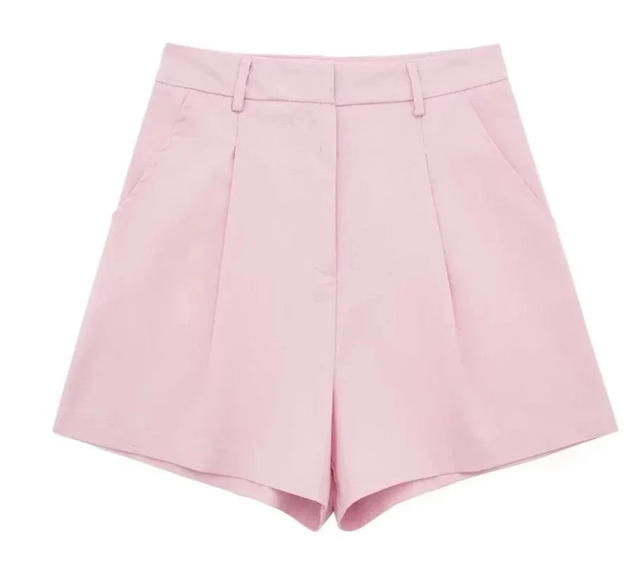 L / Pink Shorts Liu Ming Wholesale 2024 New Arrivals Summer Woman Solid V Neck Sleeveless Single Breasted Vests High Waist Shorts Pants Set