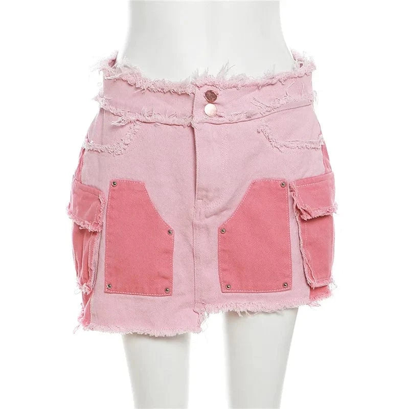 L / Pink skirt W22s34163 Patchwork Crop Jacket And Mini Skirt Pink Denim Jeans Streetwear Loungewear 2 Piece Set Fall 2024 Women Clothes
