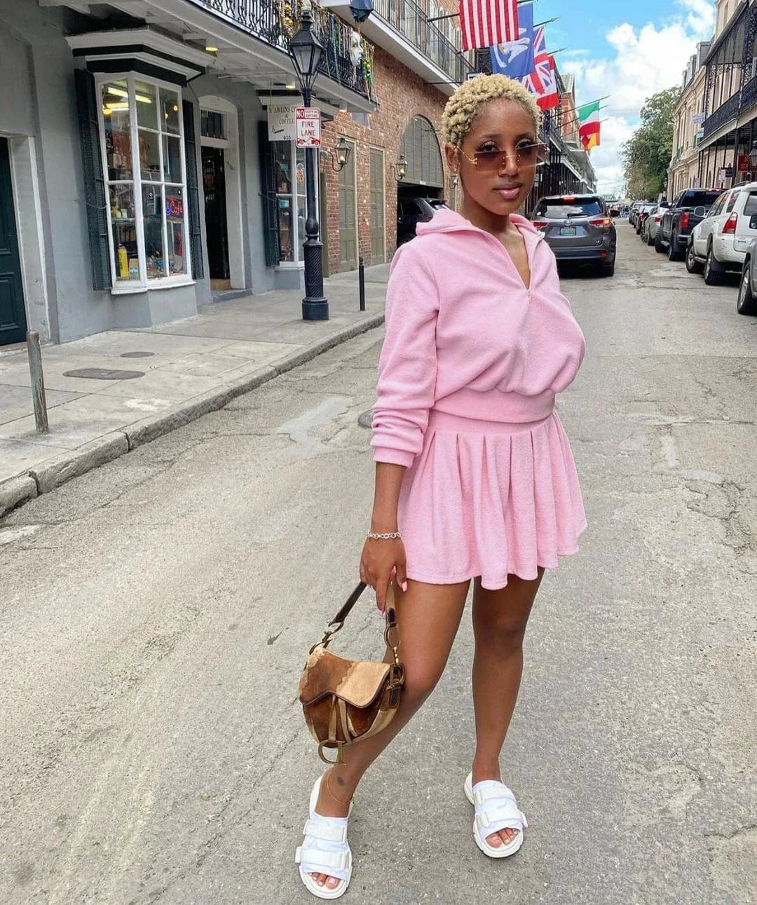 L / Pink spring 2024 new arrivals women fleece pink 2 piece hoodie top pullover sweatshirt and skirt set tennis outfit for women ladies