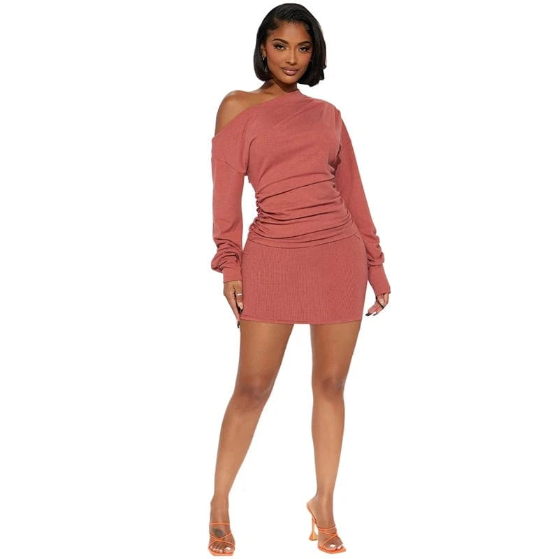 L / Pink spring 2024 new hot sale elegant cut one side shoulder off long sleeve polyester crepe tight dress with one shoulder long sleeve