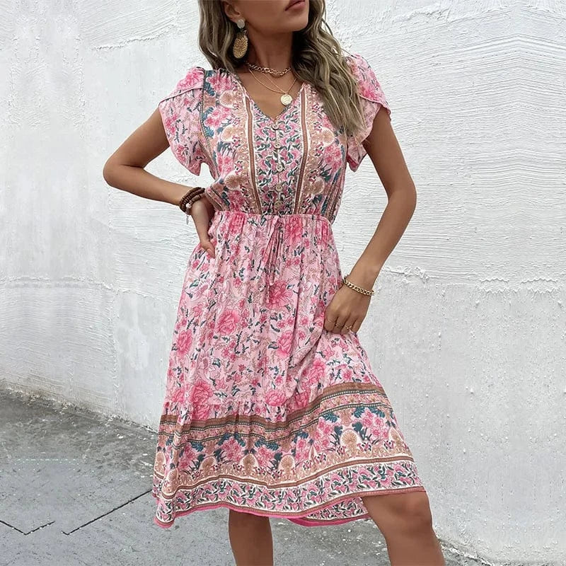 L / Pink Summer Dresses Women Casual Boho Floral Print Loose Dresses Midi Beach Bohemian Dresses 2023