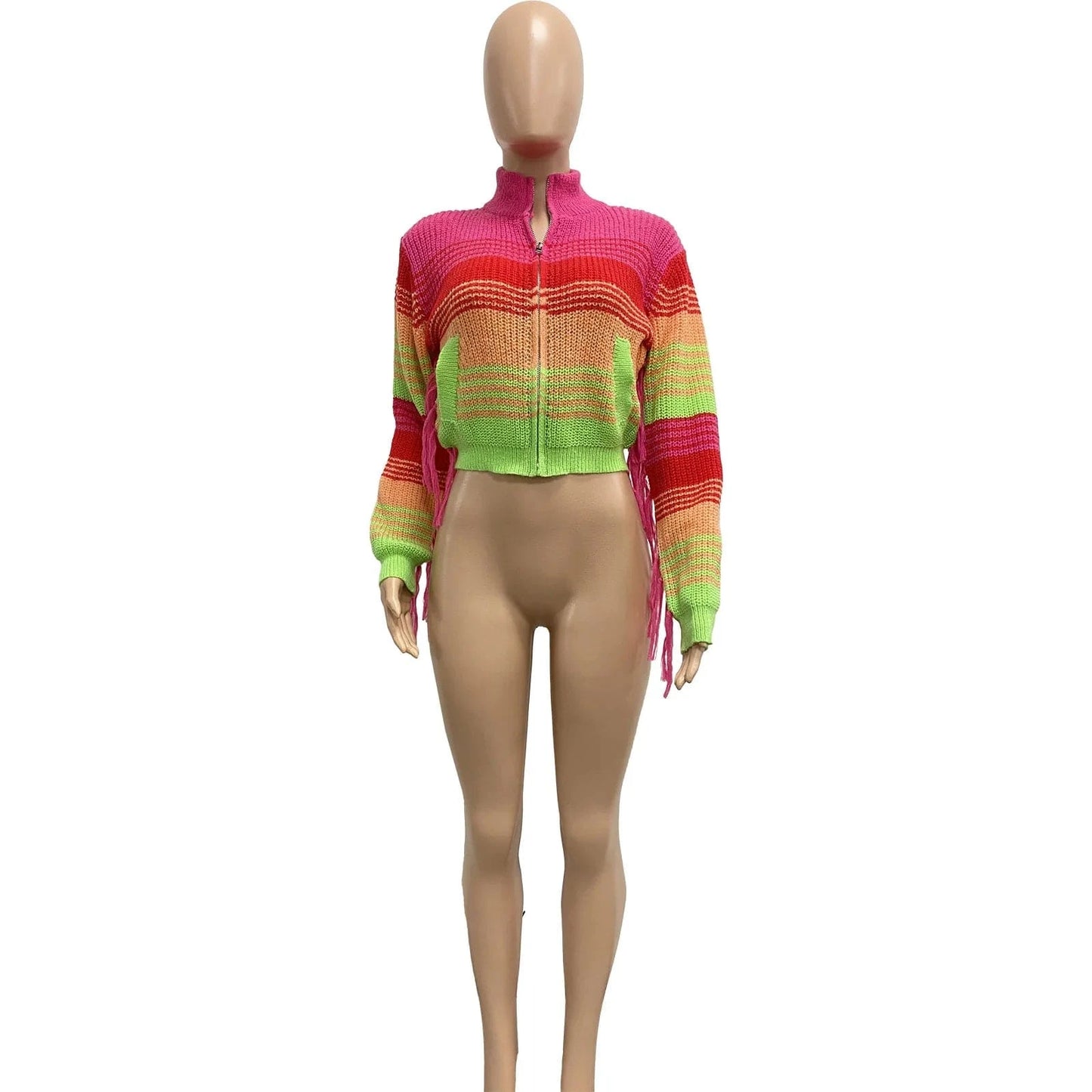 L / Pink top 2024 Patchwork Knitted Tassel Sets Hand Crochet Women High Waist Pockets Fringed Casual Loose Sweater 2 Piece Set