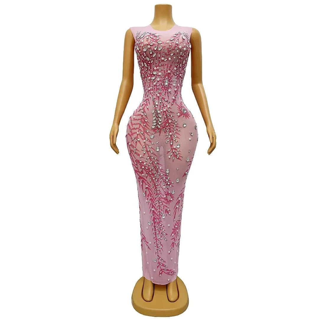 L / Pink Vestido Pink See Through Crystal Pearls Birthday Party Long Dress Slim Fit Banquet Dress Women Sexy Formal Prom Evening Dresses