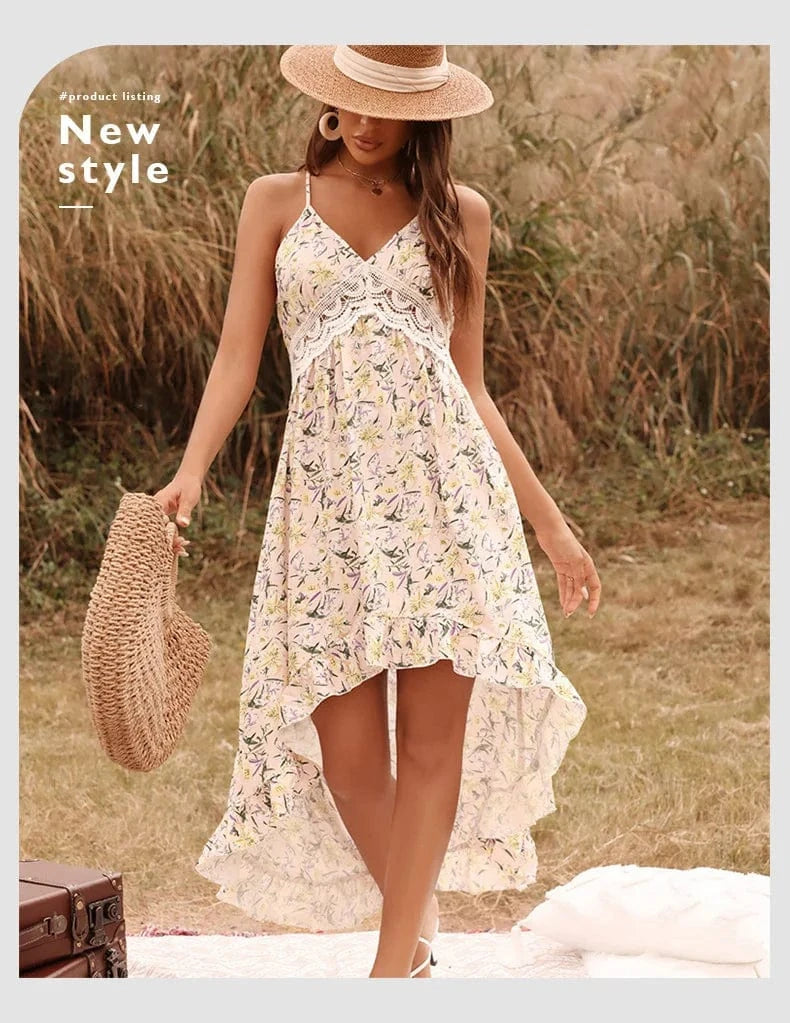 L / Pink Wholesale 2022 Summer Long Dress Women Floral Print Sexy Deep V-neck Sleeveless Spaghetti Strap Backless Long Sundress