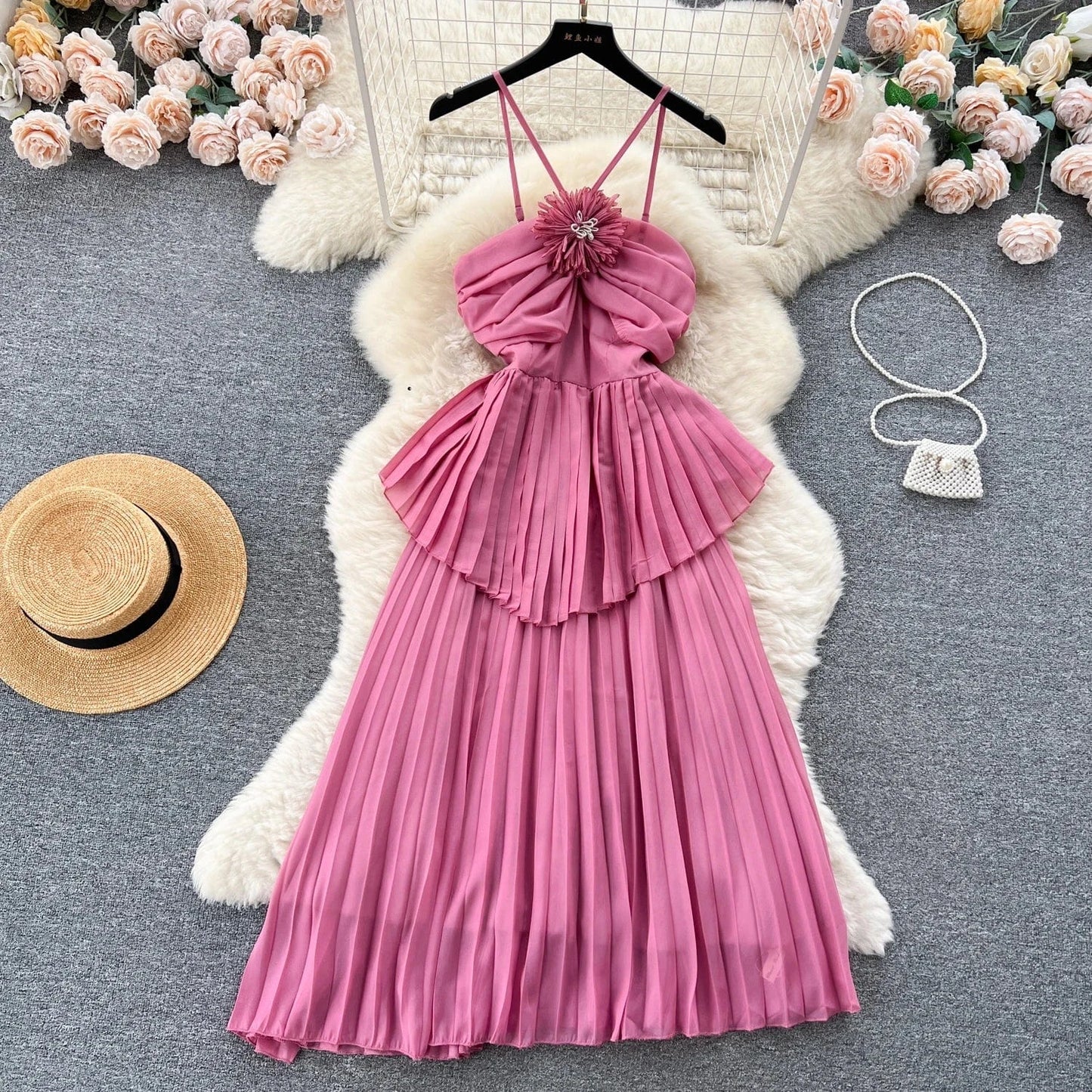 L / Pink Wholesale 2024 Summer European And American Style Dress V-neck Waist Waist Slim Print A-line Large Swing Women's Dress