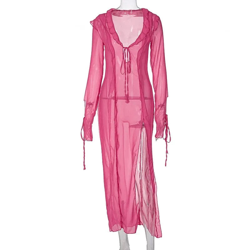 L / Pink Wholesale New style Vacation Wear Sexy Sun Cover Up Summer Beach ladies Mature Slit V-Neck Long maxi Chiffon Dress for women