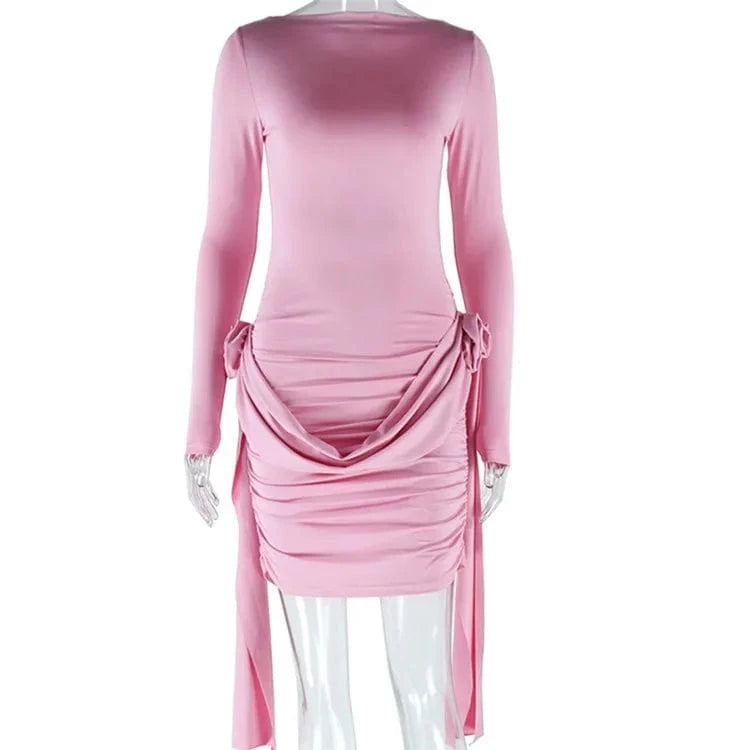 L / Pink Women Dress Fashion Autumn Solid Color Round Neck Pullover Elegant Long Sleeve Lace up Floral Lady Party Hip Dresses