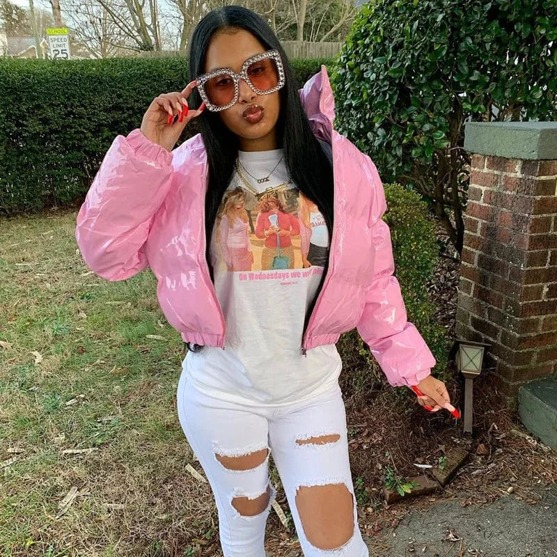 L / Pink Women Winter Warm Shiny Puffer Long Sleeve Solid Zipper Cropped Bubble puff jacket Coats