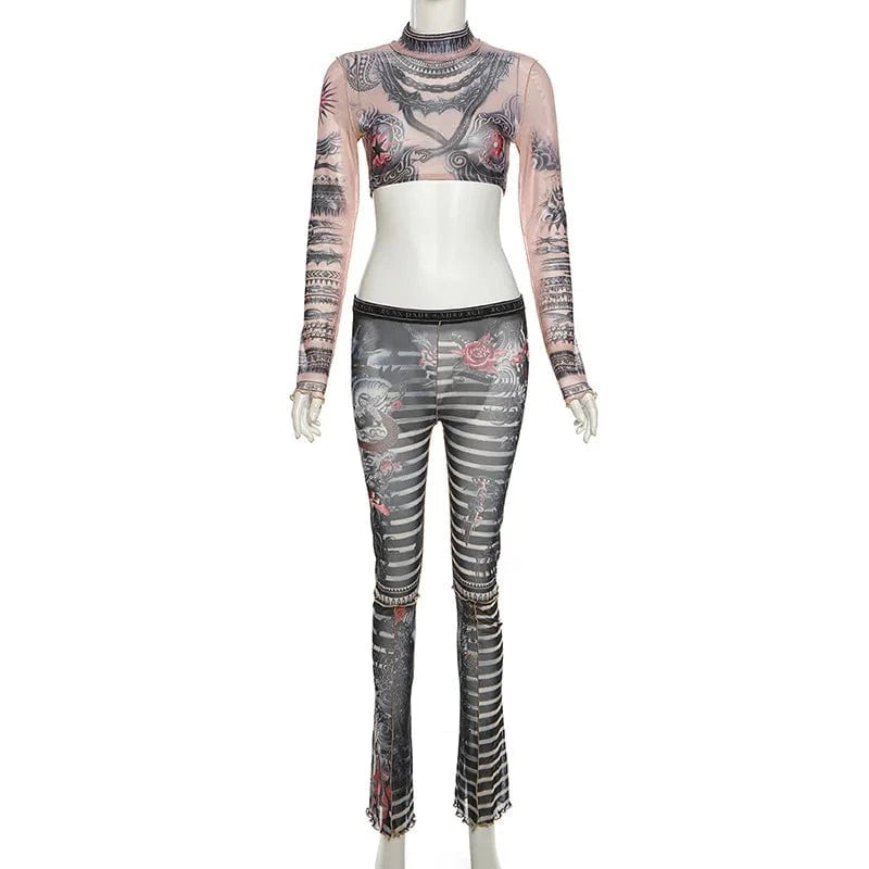 L / print New arrivals factory 2024 spring boutique lounge wear mesh see through two piece pants set