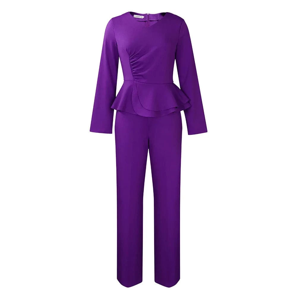 L / Purple 2024 Fashion Autumn Winter Outfits Ruffled V Neck Ladies Office Top And Pants Set For Women Two Pieces