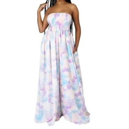 L / Purple-blue GX9492 Fashion 2024 women clothes vendor fashion sleeveless one piece printed wide-leg tube sexy jumpsuit