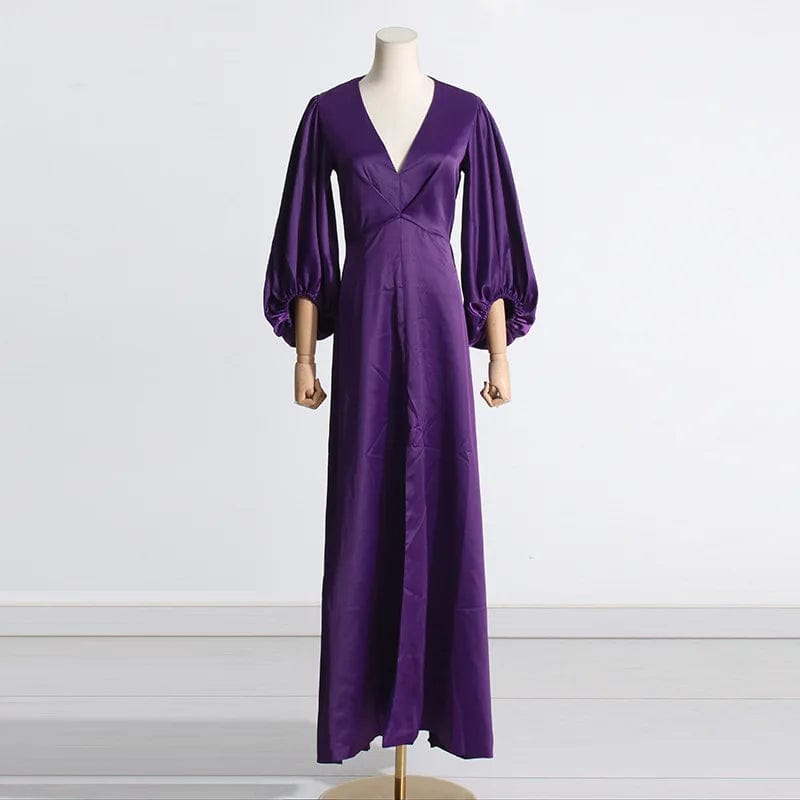 L / Purple OUDINA 2024 New Arrivals Elegant Waist Pleated V-neck Puff Sleeve Women's Clothing Dress Long Casual Dresses