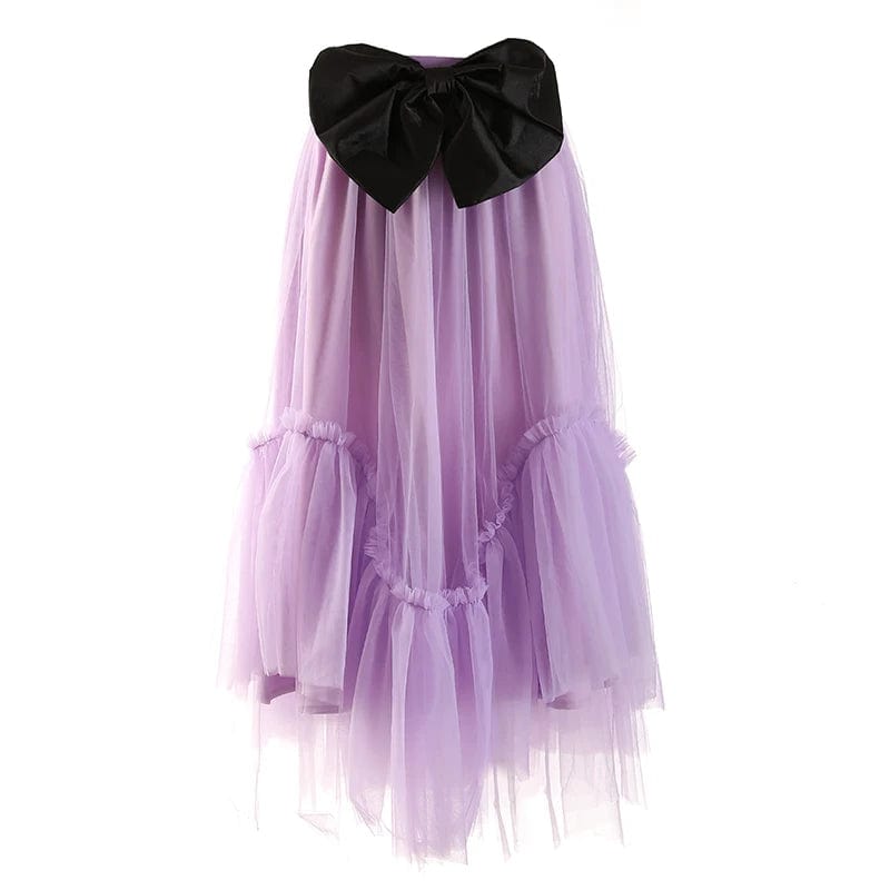 L / Purple OUDINA New Fashion High Waist Casual Mesh Bow Ladies A-line Skirt Women's Long Skirts