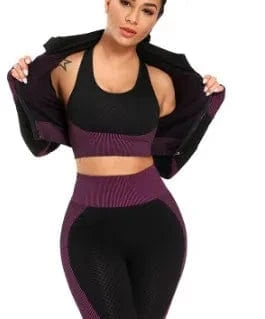 L / purple red 2024 Women Hip Lifting Slim Elastic sports clothes suit knitting hip lifting elastic Fitness long sleeve yoga sets