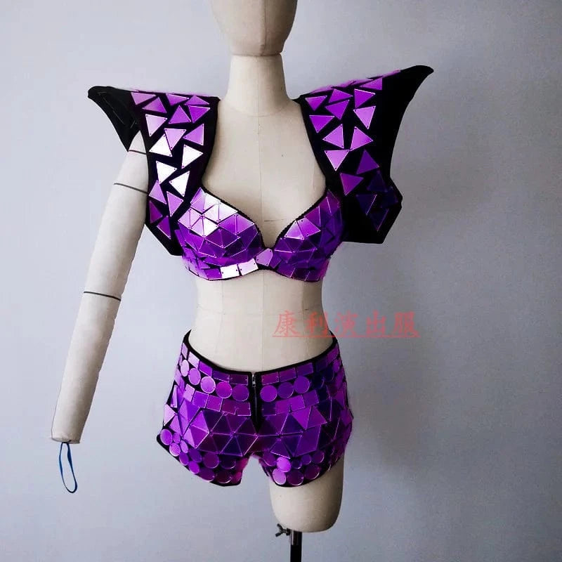 L / Purple Shiny Bling Sequins Bikini Bra + Shorts 2 Piece Set Women Exotic Dancewear Outfit Set Club Show Singer Stage Performance Costume