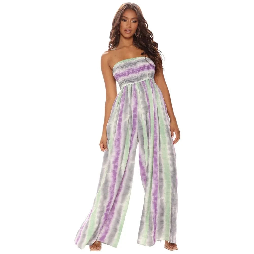 L / Purple stripped GX9492 Fashion 2024 women clothes vendor fashion sleeveless one piece printed wide-leg tube sexy jumpsuit