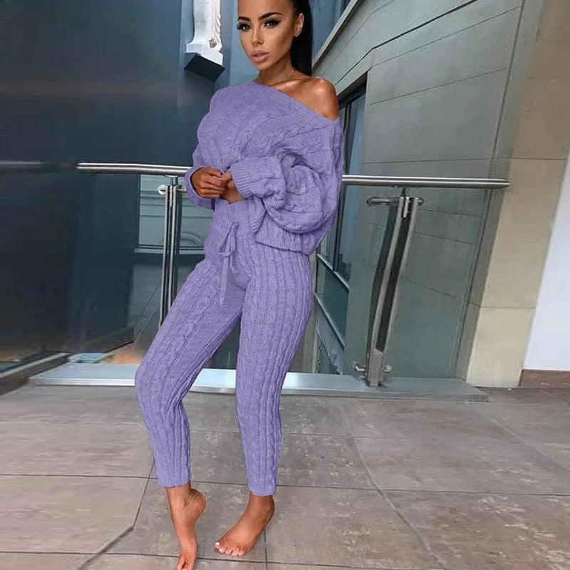 L / Purple Women's Casual Knit 2 Piece Sets Autumn Winter Outfit Long Sleeve Sweater Pullover Crop Top and Pants Female Sexy Set
