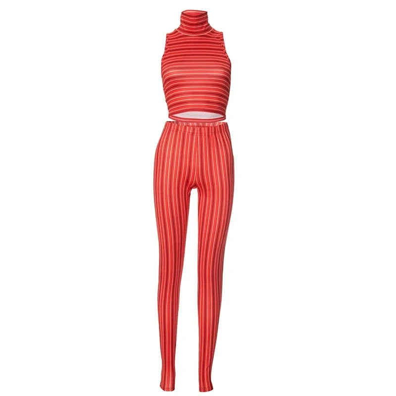 L / R24ST018 Red Bomblook R24ST018 New Arrivals Striped Sport Outfits Fitness Stand Collar Top Printed Two Piece Pants Summer Set Women 2024