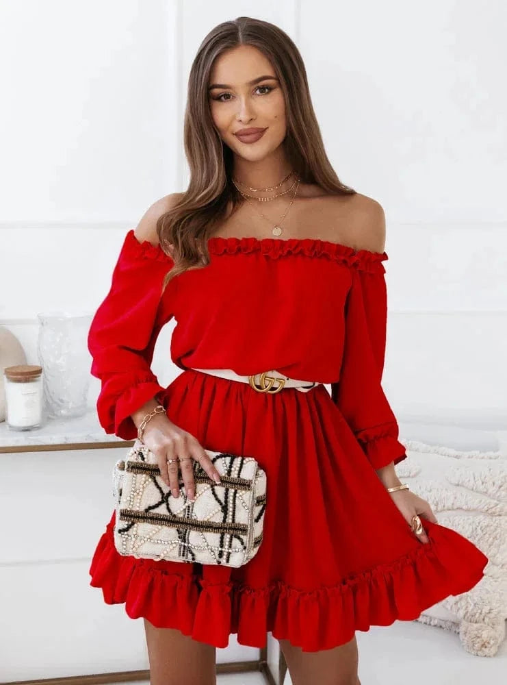 L / Red 2024 Europe and the United States Spring and Summer New Women's Fashion Casual Solid Color One-line Shoulder Waist Dress
