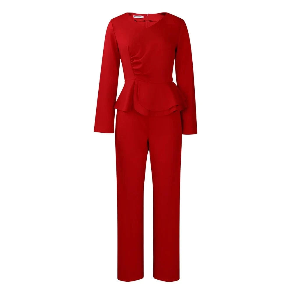 L / Red 2024 Fashion Autumn Winter Outfits Ruffled V Neck Ladies Office Top And Pants Set For Women Two Pieces