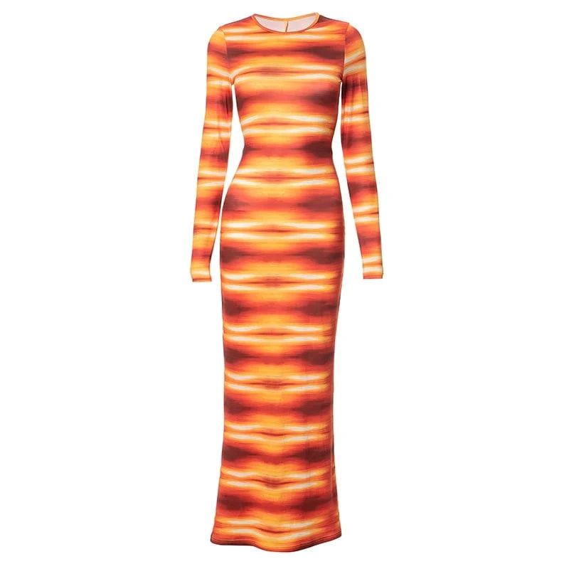 L / Red Bomblook R23DS255 Color Blocking Outfits Maxi Dress Ladies Woman Print Dress Spring 2024 Long Sleeve Vacation Dresses