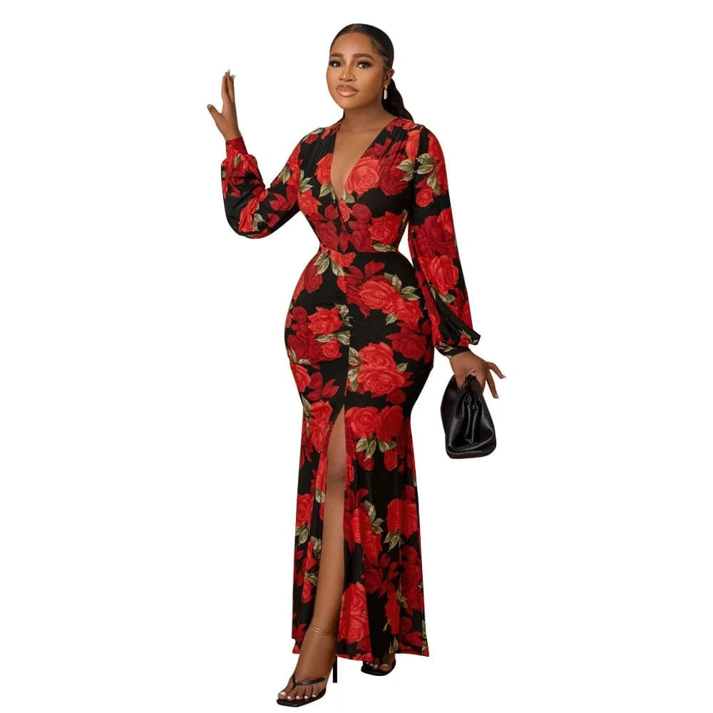L / Red elegant dress 2024 Fashionable Casual Floral Pattern Print Women's Clothing Temperament Loose maxi dress