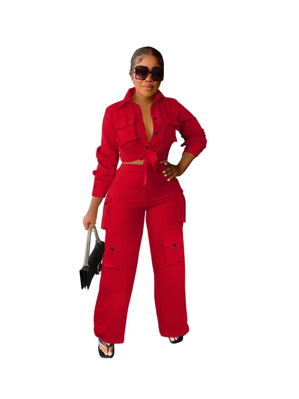 L / Red Fall Cargos Two Piece Set With Wide Legs Pants  Women Clothing Solid 2 Piece Pants Set Women 2023