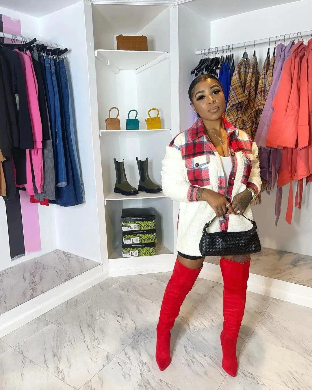 L / Red Fashion True Size Women Coats Winter and Autumn Jacket Patchwork Plaid Thicken Fur Coat Fur Jacket Lamb Wool Coat