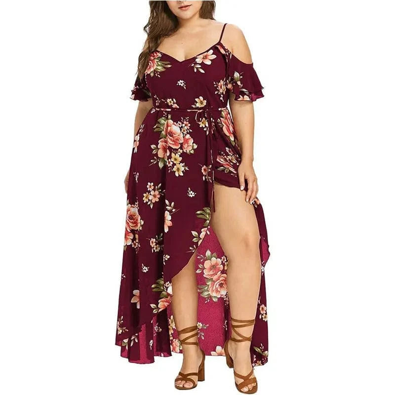 L / Red Hot selling Plus Size Dress for Women Casual Elegant 2024 Sundresses Boho Floral Prin Dresses Deep V Neck A-line Beach Dress