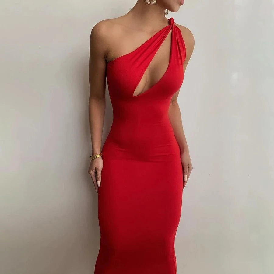 L / Red Kliou K21D01195 arrivals summer collection women asymmetrical design hollow 2023 solid sexy midi dress women