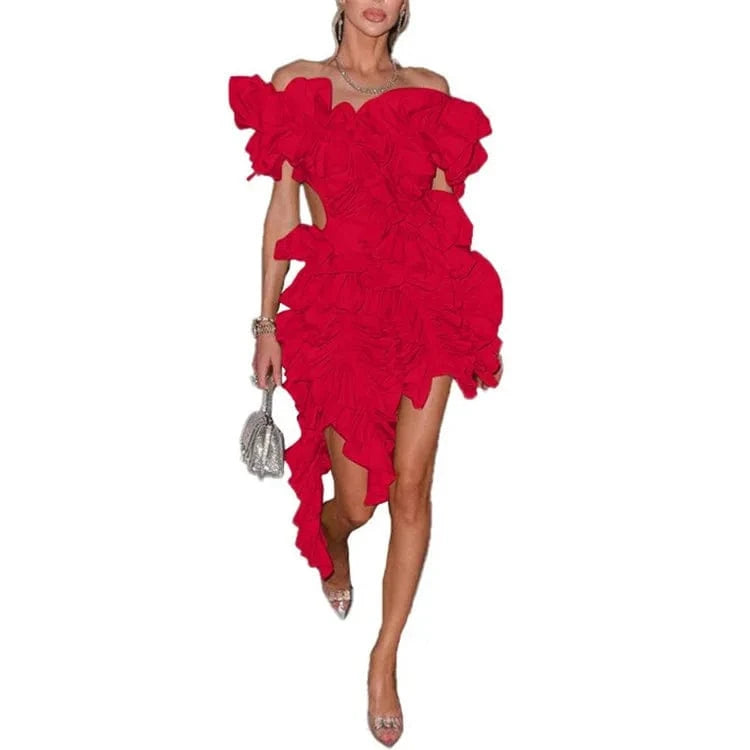 L / Red Ladies Spring Sleeveless Backless V-Neck Ruffle New Fashion Mini Dresses For Women Asymmetrical Ball Gown Evening Party Clubwear